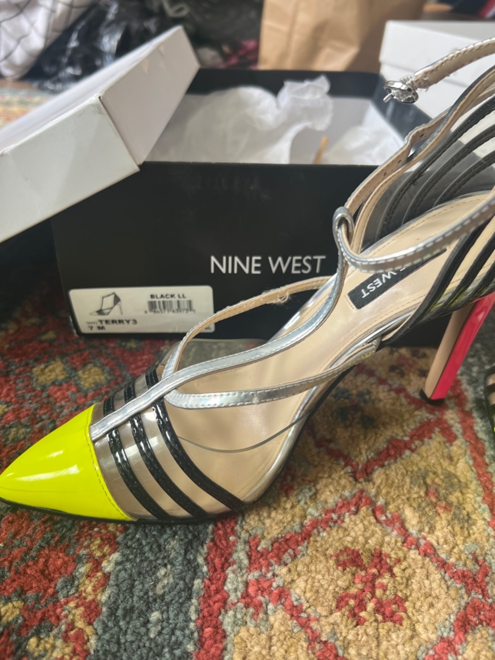 Nine West Neon Yellow Pointed-Toe Strappy Heel with Silver Trim
